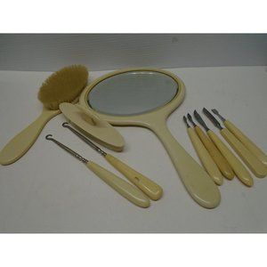 Vintage 10 Piece Vanity / Manicure Set French Ivory Celluloid Art Deco w/ Flaws